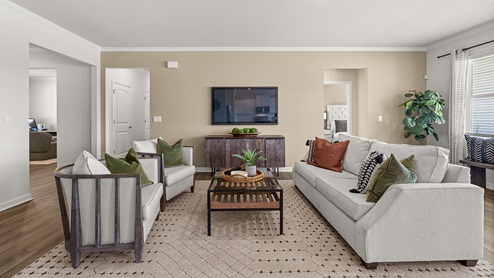 booth open concept living room with hardwood-like flooring