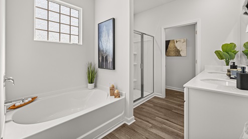 booth primary suite bathroom with separate tub and walk-in shower and vanities