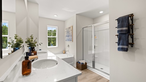 Interior primary bathroom with double sink, bath tub and shower