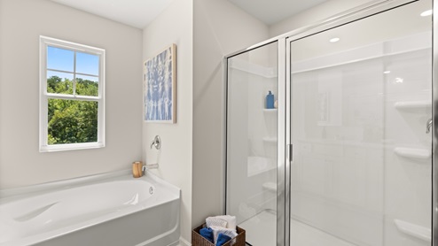 Interior primary bathroom with shower and bath tub