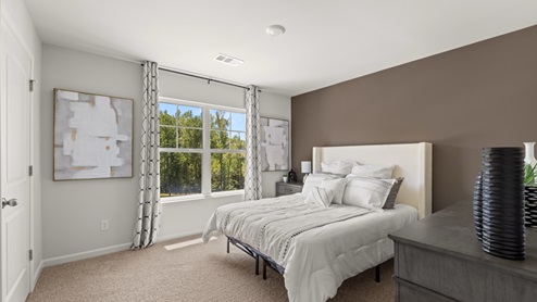 Interior bedroom with window and accent wall