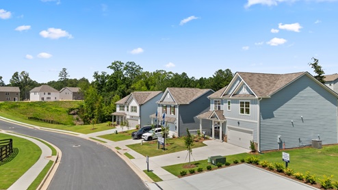 Exterior two-story homes with cladding and stone detailing
