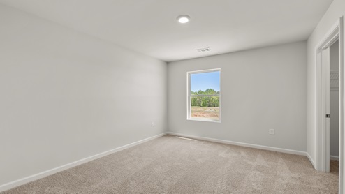 A bedroom with a closet and carpet floors.