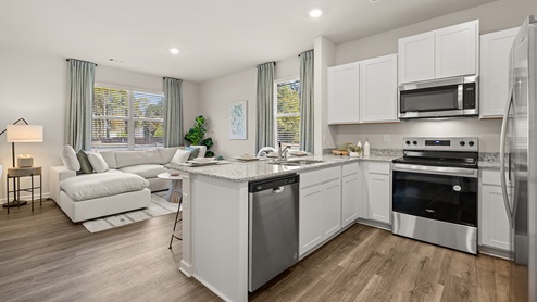 pearson open concept kitchen looking into the dining area and living room
