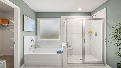 bathroom with dual vanity sinks, toilet, bath tub and a walk in shower
