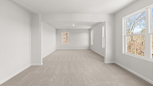 Interior primary bedroom with large winndows