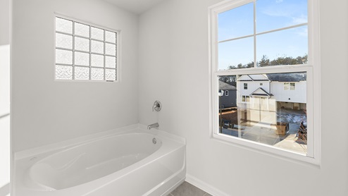 Interior primary bathroom with large window and bath tub