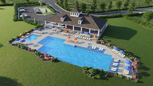 Aeriel view of the clubhouse and pool.