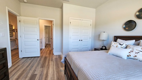 Bedroom with closet area and door leading to shared bathroom.