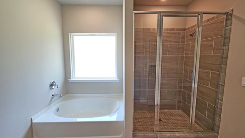 Tiled shower and soaker tub in the primary bedroom.