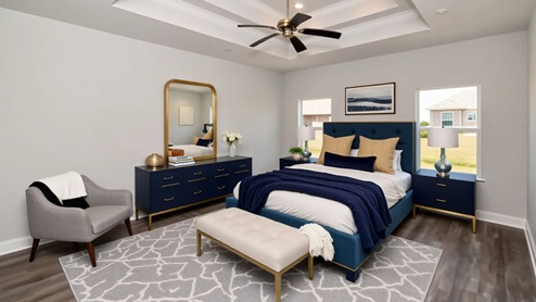 Primary suite with tray ceiling and cozy furnishings in Coxwell Crossing.