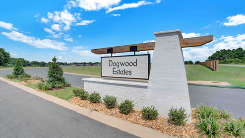 Rustic-style Dogwood Estates entrance monument.