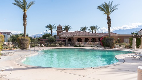 Community pool lined with palm trees