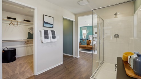 Primary bedroom walk-in closet and shower