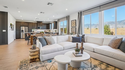 Spacious open-concept great room, dining room and kitchen