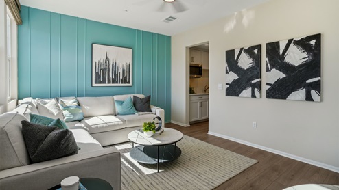 Multi-gen living room with laminate flooring
