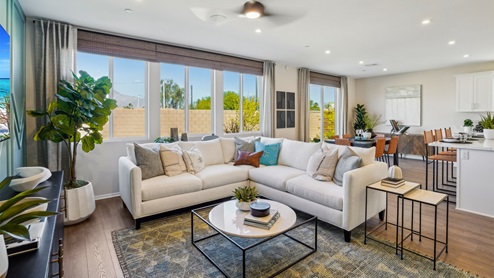 Spacious open-concept great room, dining room and kitchen