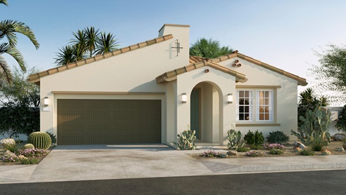 One-story Spanish Contemporary home with arched entry and two-car garage