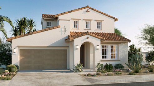 Two-story Spanish Contemporary home with arched entry and two-car garage