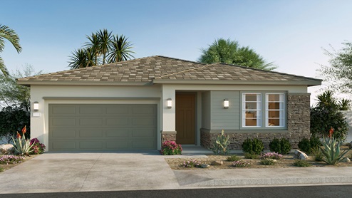 One-story Desert Contemporary home with stone veneer and two-car garage