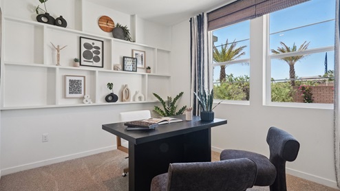 Home office with built-in cabinets