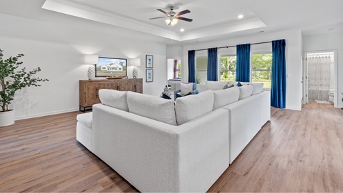 Welcome to the Destin Plan, a beautiful 4 bed, 3 bath home with a spacious covered patio and a 3-car garage – all on one level. Sitting just under 2,300square feet, this home offers a large breakfast nook, a separate dining area, and a large living area making a very comfortable open design for easy entertaining. In the kitchen, you will find a large island bar and a corner pantry. As you enter the home, you are met with an inviting open floor plan with direct access to your living, dining and kitchen areas, a full guest bathroom, and the 2nd and 3rd secondary bedrooms. Immediately on either side you will have access to your three-car garage, perfect for multiple vehicles, and storage. Privately tucked away in this area is also the additional 4th bedroom, ideal for guest stays or a private office. Opposite the back end of the home will be your spacious, luxurious primary bedroom with full access to a walk-in closet, a large primary bathroom hosting a double vanity, tub and a shower. Coming back to the center of the home, you will find the stunning open layout of the living area and beautiful kitchen. The kitchen includes granite countertops, stainless steel appliances, stylish shaker cabinetry, and a center island perfect for additional seating. With natural light and nearby covered patio access, the living and dining area are integrated perfectly to complete this relaxing atmosphere. Enjoy easy maintenance in your home with our luxury vinyl plank flooring. In addition to all the features and amenities our Destin Plan offers, each home is built with our Smart Home technology package, designed to bring the ease and convenience of life right to your fingertips. As a most popular favorite, this plan is ideal for any size family. Call to schedule your personal guided tour of the Destin today!