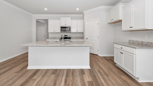 Kitchen island with painted cabinets and stainless steel appliances