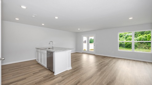 Kitchen island with view of dining / living room area