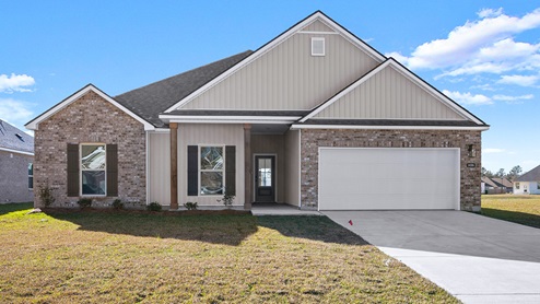 single-story home with gray siding and gray brick with porch and two-car garage