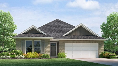 single-story home with brown brick and gray vinyl with porch and two-car garage