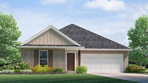single-story home with brown brick and brown vinyl with porch and two-car garage