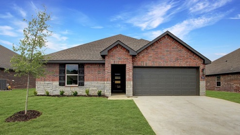 Single-story home with full brick and rock exterior and covered entry and a two-car garage