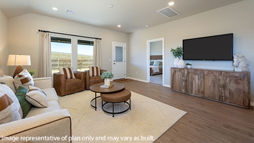 Introducing the Elgin floor plan. The Justin floor plan offers a single-story layout with 4 bedrooms, 2 baths, and an expansive 1831 square feet of living space, catering to the needs of modern families. From the outside, admire the traditional brick or brick and rock exterior, boasting stunning curb appeal that sets the stage for a warm welcome. Step inside to discover an inviting open concept layout, featuring painted white shaker-style cabinets, quartz countertops, and stainless steel appliances, including a gas range, creating a culinary haven that overlooks the dining area and spacious living room. Gather with loved ones in the large central family room, perfect for entertaining or simply unwinding after a long day. Retreat to the comfort of the bedrooms, with plush carpeting enhancing coziness, while the main living areas and halls showcase durable luxury vinyl wood flooring, marrying style with practicality. Indulge in the luxury of the primary suite, complete with a dual vanity, huge walk-in closet, separate water closet, and a large walk-in shower, offering a serene sanctuary for relaxation. Plus, enjoy the convenience of smart home features included in every Elgin floor plan.