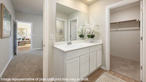 Introducing the Elgin floor plan. The Justin floor plan offers a single-story layout with 4 bedrooms, 2 baths, and an expansive 1831 square feet of living space, catering to the needs of modern families. From the outside, admire the traditional brick or brick and rock exterior, boasting stunning curb appeal that sets the stage for a warm welcome. Step inside to discover an inviting open concept layout, featuring painted white shaker-style cabinets, quartz countertops, and stainless steel appliances, including a gas range, creating a culinary haven that overlooks the dining area and spacious living room. Gather with loved ones in the large central family room, perfect for entertaining or simply unwinding after a long day. Retreat to the comfort of the bedrooms, with plush carpeting enhancing coziness, while the main living areas and halls showcase durable luxury vinyl wood flooring, marrying style with practicality. Indulge in the luxury of the primary suite, complete with a dual vanity, huge walk-in closet, separate water closet, and a large walk-in shower, offering a serene sanctuary for relaxation. Plus, enjoy the convenience of smart home features included in every Elgin floor plan.