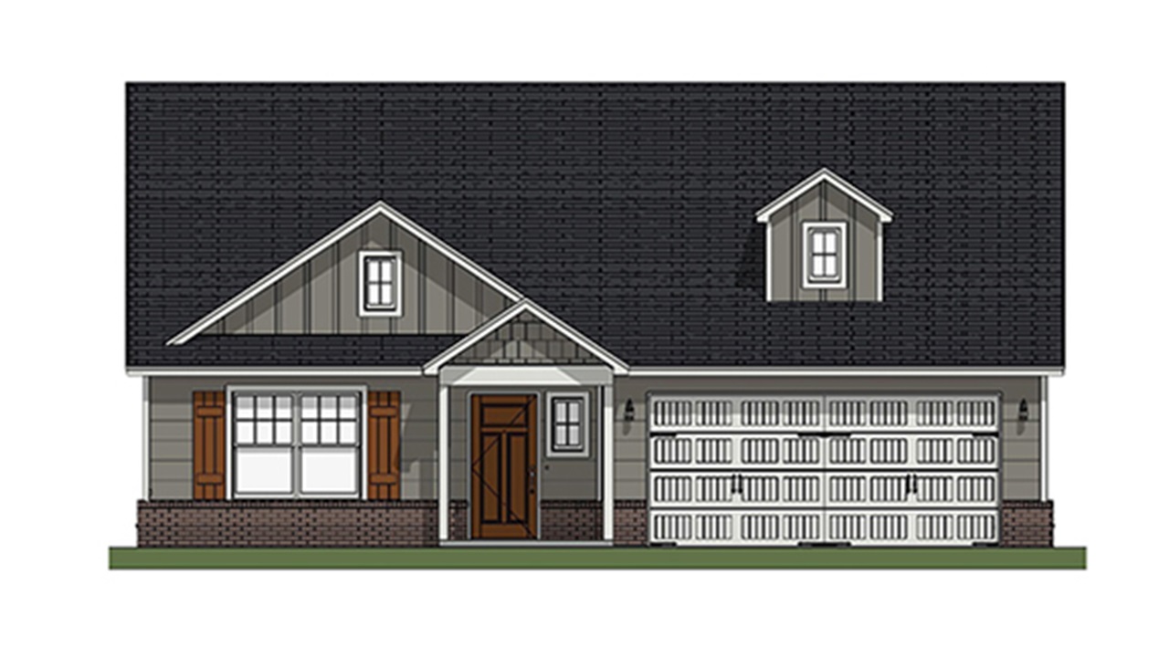 Single-story home rendering with two-car garage.