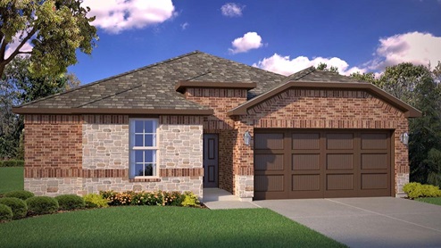 Exterior rendering of single story classic brick home featuring modern stone accents