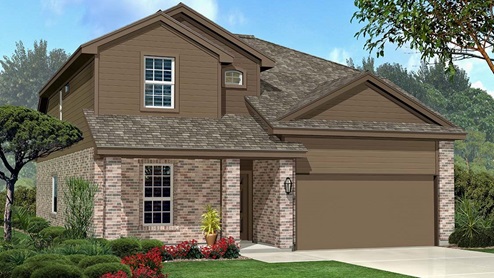 Exterior rendering of two-story timeless brick home with dark accents
