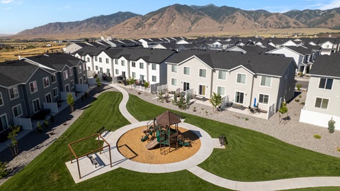 Aerial photo of D.R. Horton’s Western Acres playground area townhome community in Tooele Utah.