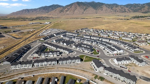 Aerial photo of D.R. Horton’s Western Acres townhome community in Tooele Utah.