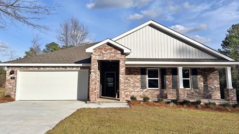 Denton floorplan with two car garage.