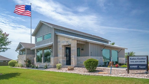 Schwertner Ranch Model Sales Office Front Exterior View of Front Door and Windows.