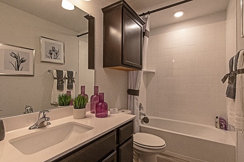 Creekside Hills model home secondary bathroom with combined tub and shower.