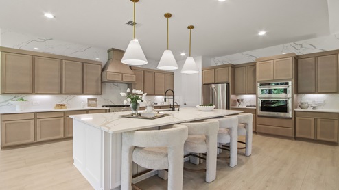 Large open kitchen with an island, upgraded stainless steel appliances, light stained cabinets, white and gray quartz countertops, white walls, and light vinyl wood flooring.