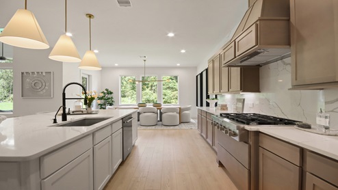 Large open kitchen with an island, upgraded stainless steel appliances, light stained cabinets, white and gray quartz countertops, white walls, and light vinyl wood flooring.