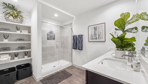 Holly Trails model home primary bathroom with storage shelving and walk-in shower.