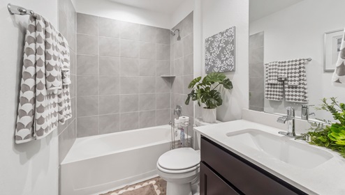 Holly Trails model home secondary bathroom with single vanity sink and mirror.