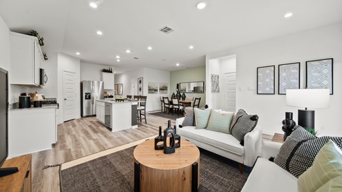 China Grove model home living room furnished with modern accents and vinyl plank flooring.