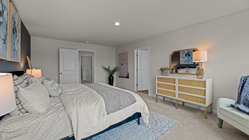 Primary bedroom with carpet flooring and blue accent walls