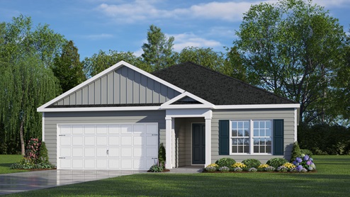 single story home with grey exterior and two car garage