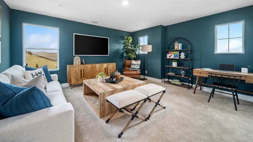 Upstairs loft with couch, TV, and decor